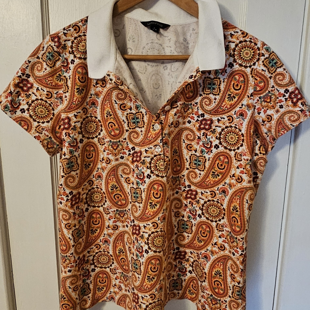 Lands' End Paisley Button Down Shirt with White Collar